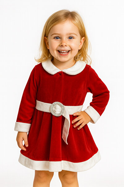 kashida Little Girl Christmas Dress – Red Velvet Santa Claus Dress with Cord and Shiny Buckle