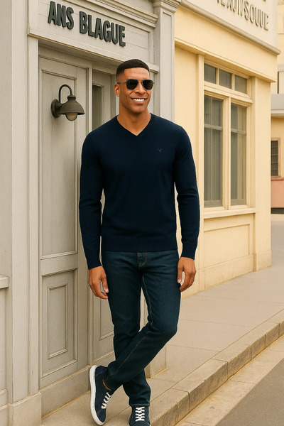 Maccali Men's Comfortable Casual Long Sleeve Navy Blue V-Neck Sweater