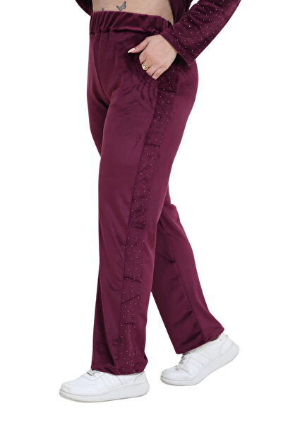 MELSAY Women's Shiny French Velvet Burgundy-Stone Half Garni Tracksuit Set