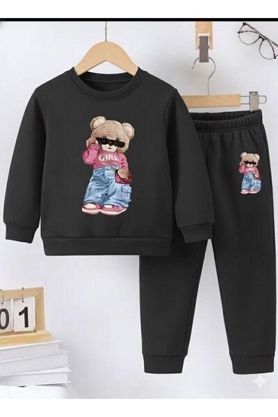 No Plan Girls' Bottom-Length Teddy Printed Tracksuit with Cute Glasses