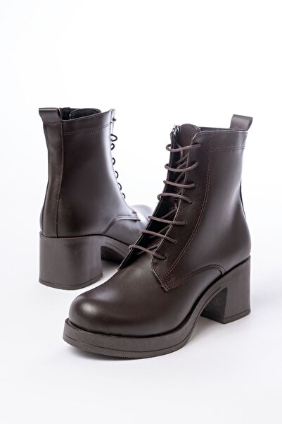 Zerenyus Zri̇n-3025 Premium Brown Lace-Up Zippered Thick Heeled Women's Boots