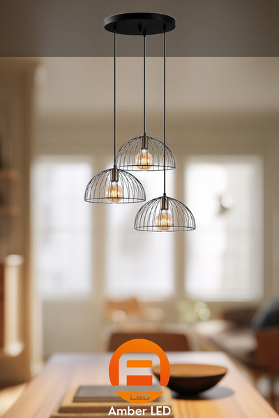 AmberLED Tel 3'lü Tepsi Sarkıt Pütürlü Siyah Metal Gövde ile Salon ve Yatak O...