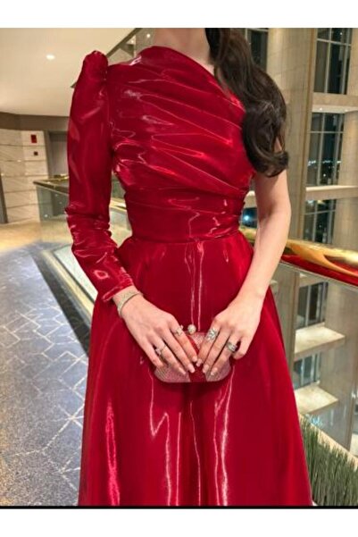 MODA DRESSES Red One-Shoulder Evening Dress with Puff Sleeve