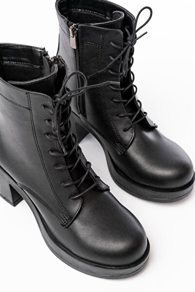 Zerenyus Zri̇n-3025 Premium Black Lace-Up Zippered Thick Heeled Women's Boots