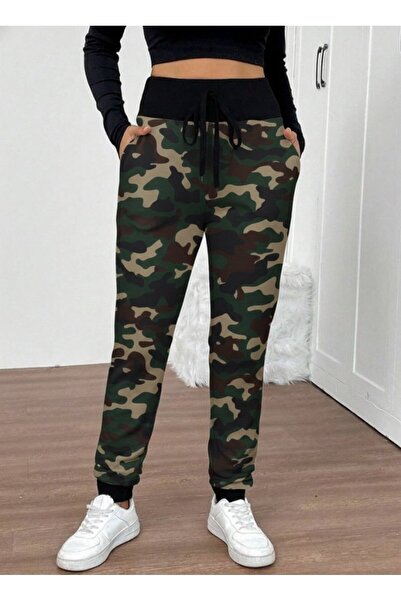 Kokosh moda Women's High Waist Lace-Up Patterned Two Thread Pants