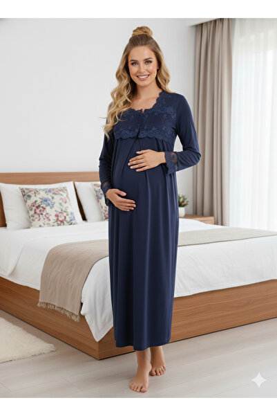 Lohussa Navy Blue Lace Buttoned Special Design 100% Cotton Maternity Nightgown