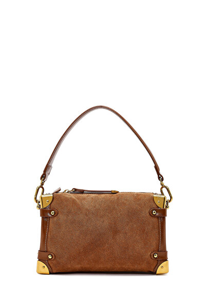 Derimod Women's Tan Long Strap Suede Leather Mini Shoulder Bag 25Wbd252410