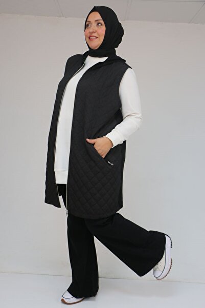 Eslina 54011 Plus Size Pockets Zippered Modal - Quilted Vest - Black