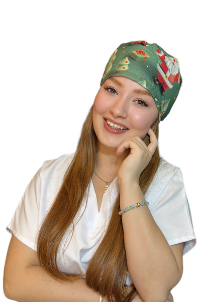 Çimen Butikk Pamuklu Poplin Cerrahi Bone Yeşil Yılbaşı Desenli ve Ayarlanabil...