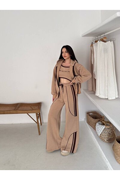 By Kuzey Aras 3 Piece Sporty Chic Set – Hooded Zippered Tops Striped Detail Sweatpants Crop Bustier