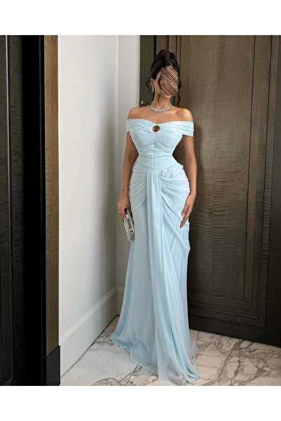 MEZON FASHION Sky blue draped chiffon evening dress - a royal look