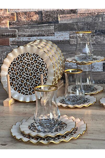 Hediye Köşkü 18 Parça Leoparlı Cam Çay Seti