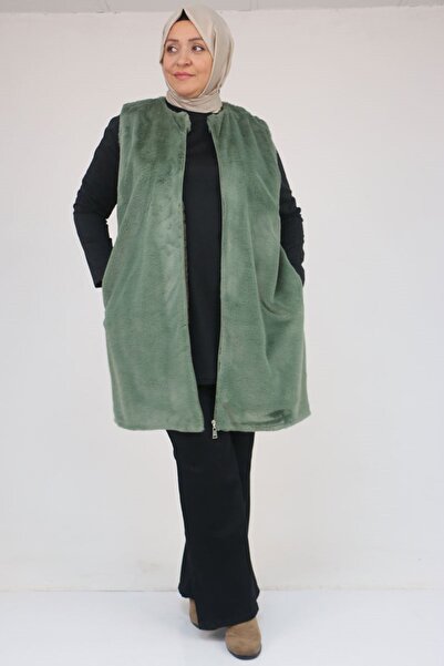 Eslina 54013 Large Size Rabbit Lined Vest with Pockets - Nefti