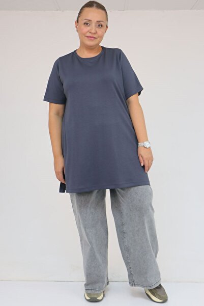 Eslina 58508 Plus Size Collar Piped Modal T-Shirt - Anthracite