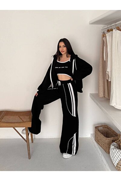 By Kuzey Aras 3 Piece Sporty Chic Set – Hooded Zippered Tops Striped Detail Sweatpants Crop Bustier