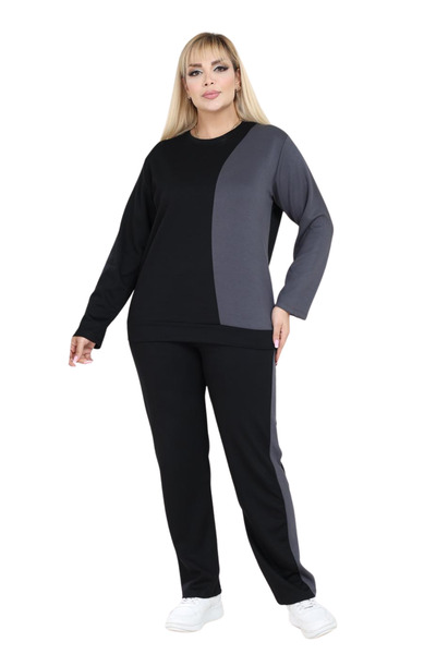 MELSAY Women's Plus Size Black-Smoke Rek Block Modal Tracksuit Set