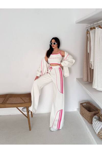 By Kuzey Aras 3 Piece Sporty Chic Set – Hooded Zippered Tops Striped Detail Sweatpants Crop Bustier