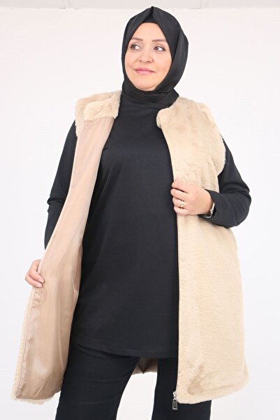 Eslina 54013 Large Size Rabbit Lined Vest with Pockets - Beige