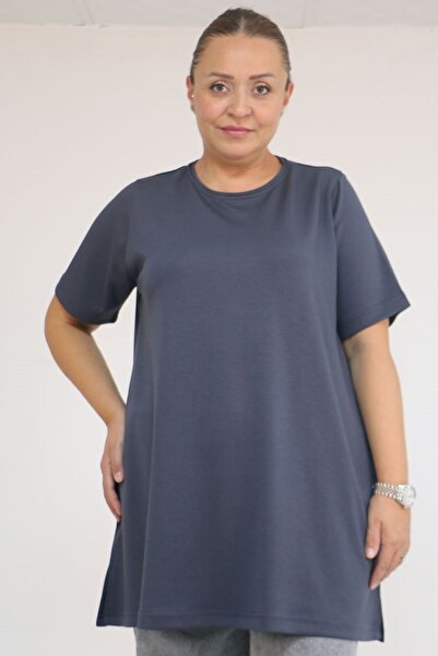 Eslina 58508 Plus Size Collar Piped Modal T-Shirt - Anthracite