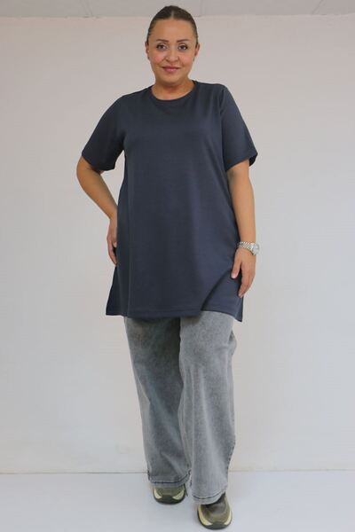 Eslina 58508 Plus Size Collar Piped Modal T-Shirt - Anthracite