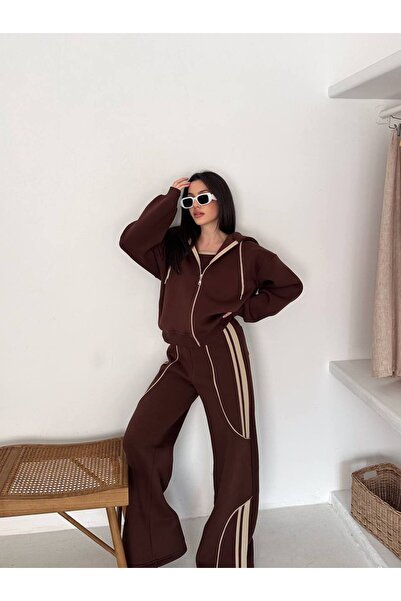 By Kuzey Aras 3 Piece Sporty Chic Set – Hooded Zippered Tops Striped Detail Sweatpants Crop Bustier