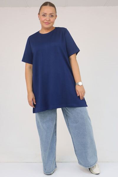 Eslina 58508 Plus Size Collar Piped Modal T-Shirt - Indigo