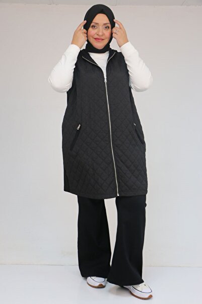 Eslina 54011 Plus Size Pockets Zippered Modal - Quilted Vest - Black