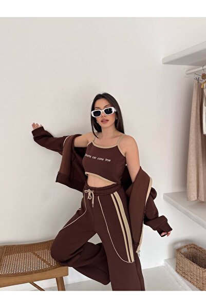 By Kuzey Aras 3 Piece Sporty Chic Set – Hooded Zippered Tops Striped Detail Sweatpants Crop Bustier