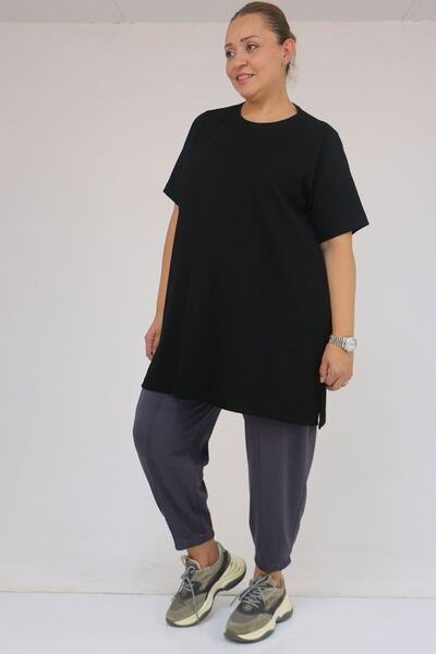 Eslina 58508 Large Size Collar Piped Modal T-Shirt - Black