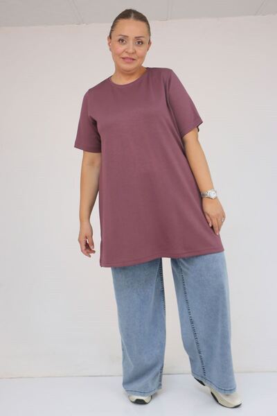 Eslina 58508 Plus Size Collar Piped Modal T-Shirt - Dusty Rose
