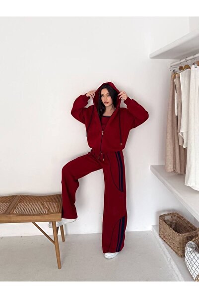 By Kuzey Aras 3 Piece Sporty Chic Set – Hooded Zippered Tops Striped Detail Sweatpants Crop Bustier