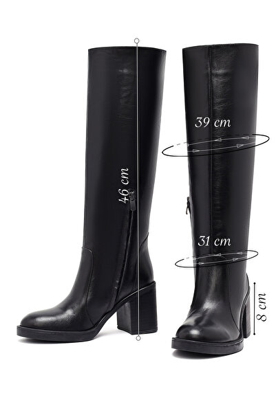 Derimod Women's Black Zippered Thick Heeled Leather Boots 25Wfd203118