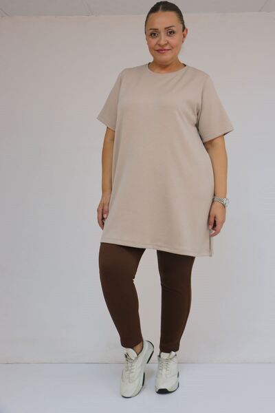 Eslina 58508 Plus Size Collar Piped Modal T-Shirt - Beige