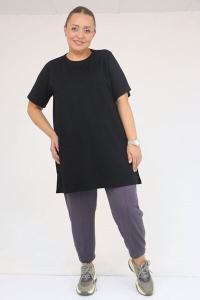 Eslina 58508 Large Size Collar Piped Modal T-Shirt - Black