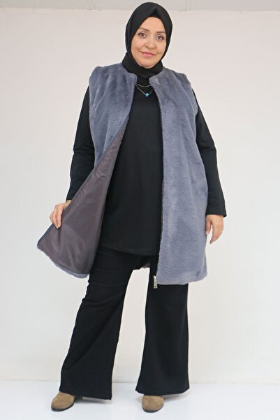 Eslina 54013 Plus Size Rabbit Lined Vest with Pockets - Gray