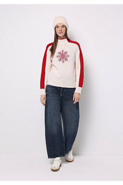 Colin's Regular Fit Mock Neck Embroidered Women's Ecru Sweater