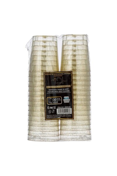 OEM Transparent Reusable Plastic Shot Glasses with Gold Glitter 60ml - 30 pcs