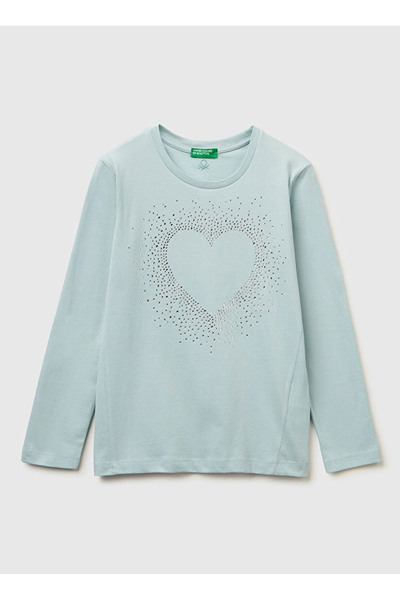 Benetton Embroidered Water Green Girl's T-Shirt 3Atnc10Rf