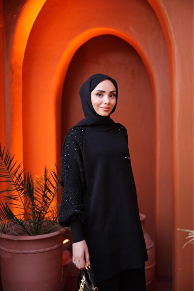 EREN STYLE Cotton knitwear stone detailed blouse pants 2-piece set (sizes 38-46)