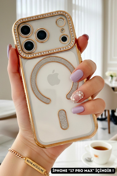 NewFace iPhonE "17 PRO MAX" Taşlı Simli Magsafe Telefon Kılıfı - Lens Korumalı Lüx Kapak - GOLD
