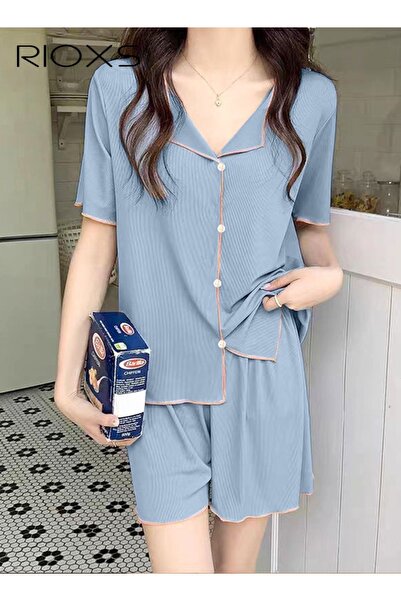 RIOXS Women's 2PCS Summer Pajamas Set, Short Sleeve Button Down Shirt with Elastic Waist Shorts, Skin-frie
