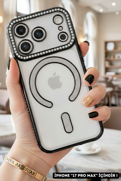 cepmoda iPhonE "17 PRO MAX" Taşlı Simli Magsafe Telefon Kılıfı - Lens Korumal...