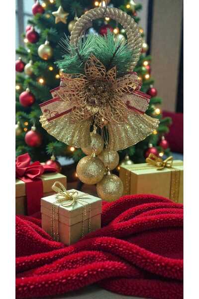 First Choice Elegant Christmas Decorative Glitter Bells, Checkered Bow Pattern, Gold-Green Color 20x8x16cm