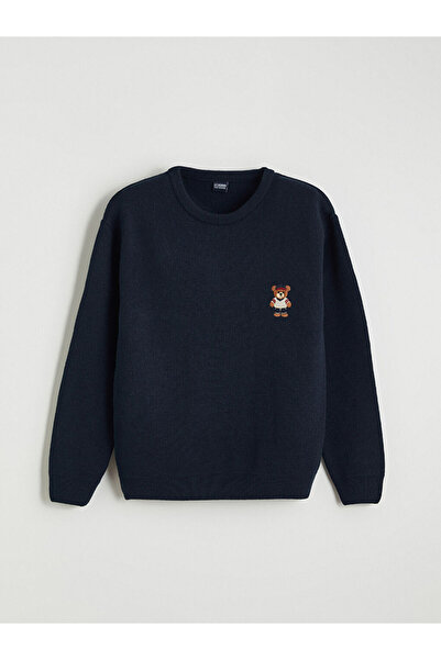 LC Waikiki Crew Neck Bear Teddy Embroidered Men's Knit Sweater