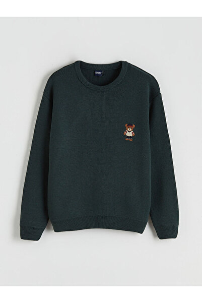 LC Waikiki Crew Neck Bear Teddy Embroidered Men's Knit Sweater