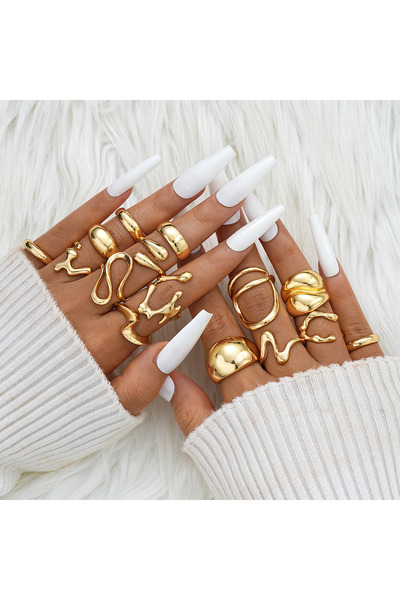 Choice مجموعة خواتم AYA15 15 قطعة من الخواتم الكلاسيكية الناعمة للنساء، لون ذهبي، غير منتظم، هندسي، مفتوح، ري