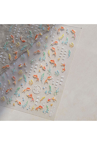 NAILFYOU TO5029 سمكة ذهبية كافورت عشب الماء زهرة اللوتس ورقة مطرزة سمك الشبوط كوي تموج قطرات الماء فقاعات