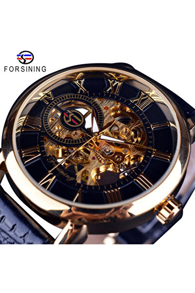 Choice GMT838-2 Forsining تصميم شعار ثلاثي الأبعاد نقش مجوف علبة ذهبية سوداء هيكل جلدي ميكانيكي