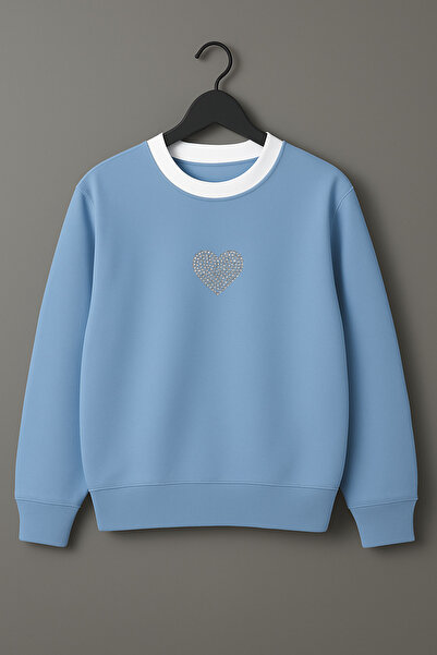 Revasser Kadın Göğüs Parlak Kalp Taşlı Desenli Özel Renkli Yaka Sweatshirt