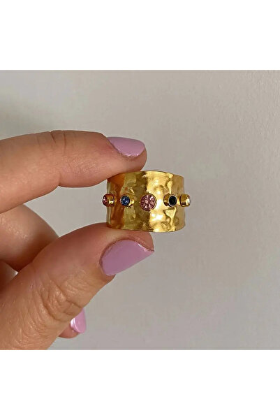 Choice خاتم نسائي عصري مفتوح قابل للتعديل من الزركونيا الكريستالية الملونة ZA4476-1 قابل للتغيير باللون الذهبي E